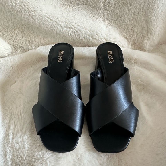 MICHAEL KORS Black Abbot Criss Cross Mules Block Heels | 6.5 | LIKE NEW WITH BOX - Picture 6 of 11